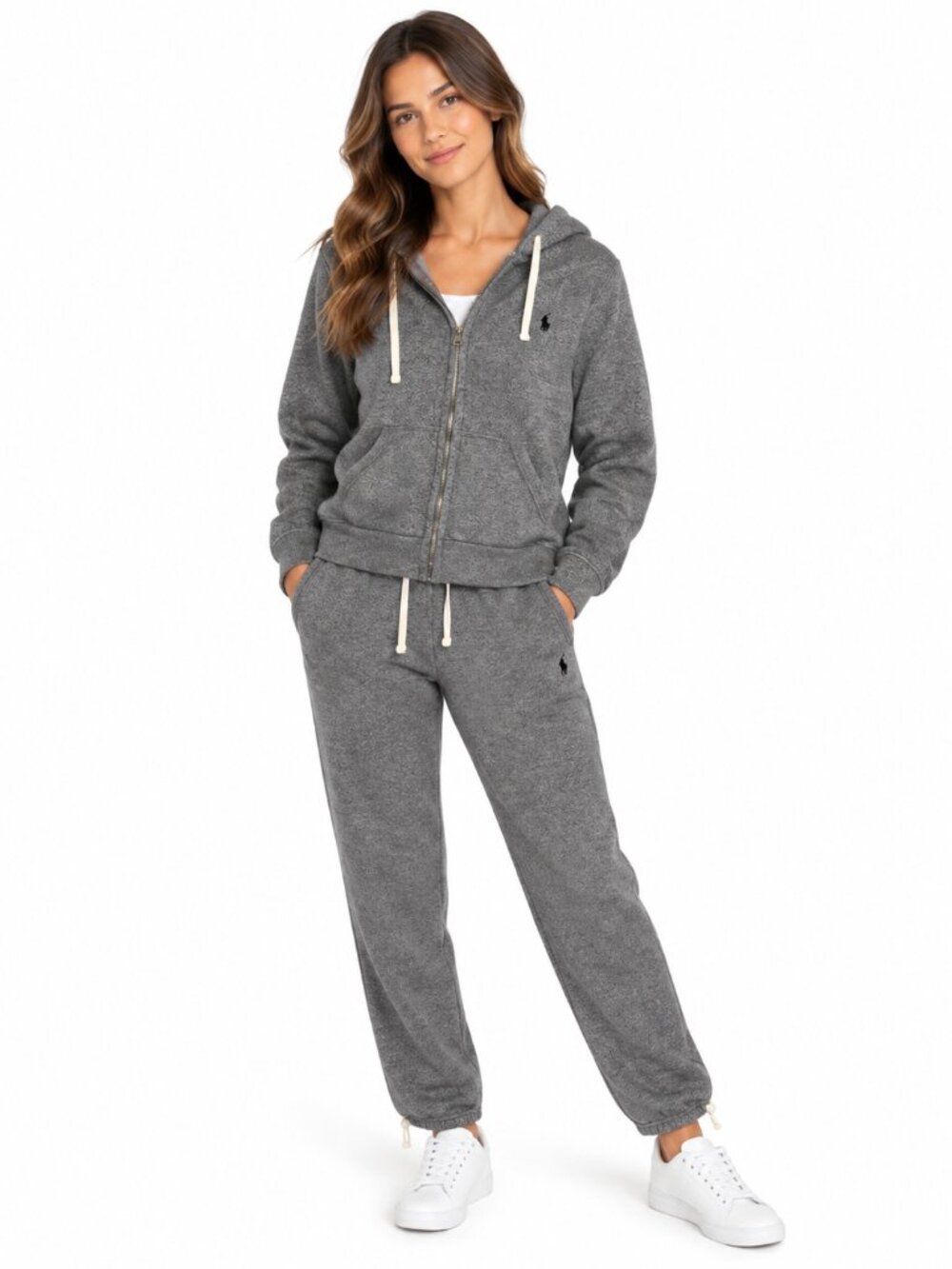 POLO RALPH LAUREN Grey Sweatsuit Set Zip Hoodie Joggers Black Pony Medium M